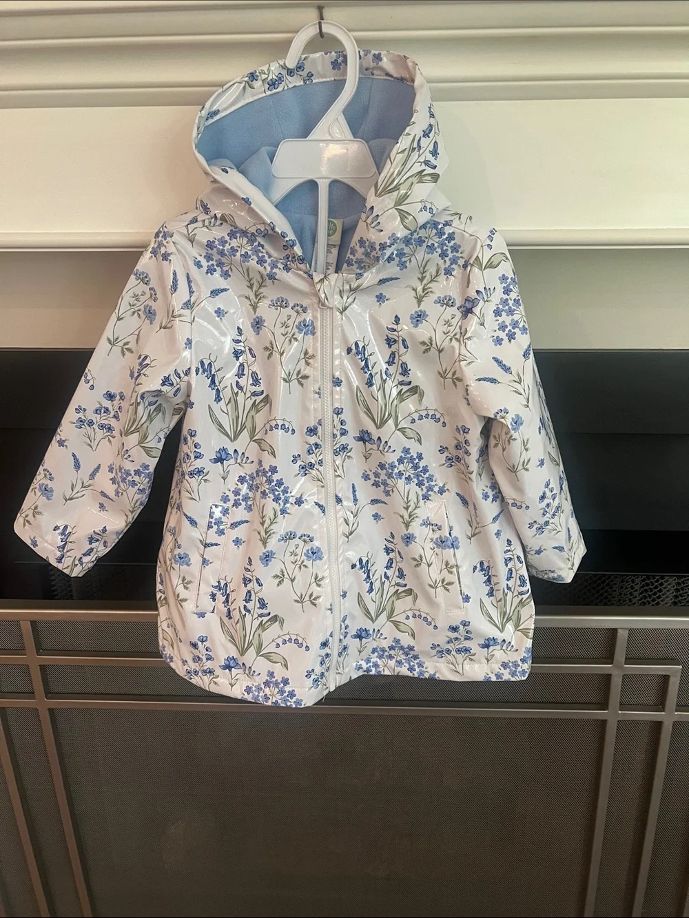Little Me White Floral Hooded Raincoat with Blue Blossoms